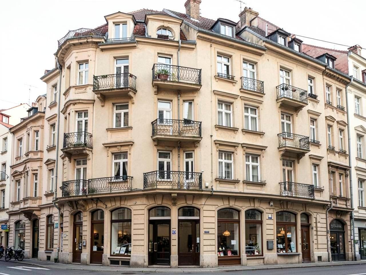 Fassade eines Mehrfamilienhauses mit Gewerbeeinheiten im Erdgeschoss